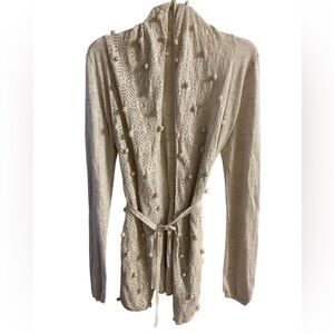 Knitted & knotted Anthropologie sweater cardigan open front cream PomPom  Medium